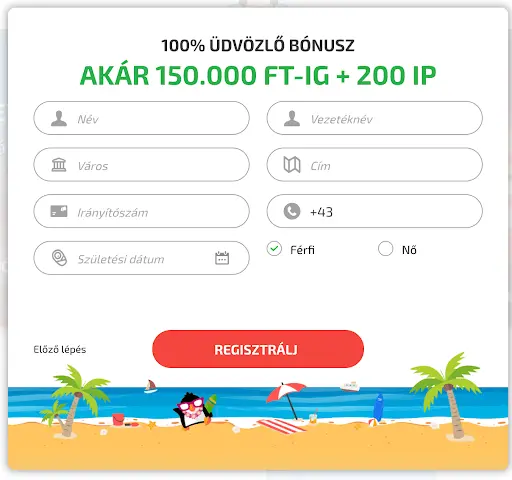 BoaBoa Casino regisztrációs űrlap személyes adatokkal