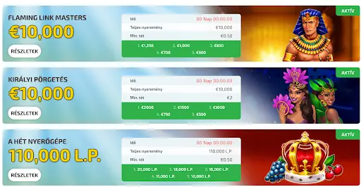 BoaBoa Casino – Aktív nyereményjátékok és tornák részletekkel BoaBoa Casino aktuális tornák – Flaming Link Masters €10,000, Királyi Pörgetés €10,000, A Hét Nyerőgépe 110,000 L.P.
