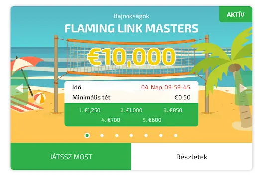 Flaming Link Masters – Játssz most és nyerj akár €10,000! Flaming Link Masters bajnokság €10,000 nyeremény, minimális tét €0.50, színes tengerparti háttérrel.